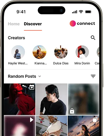 Screenshot of a mobile app interface showing a 'Discover' section with icons for creators and random posts.